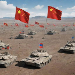 Futuristic scenario featuring Mongolia celebrating victory against China in a fictional World War 3, displaying flags, armaments, and futuristic technology