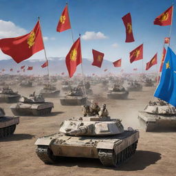 Futuristic scenario featuring Mongolia celebrating victory against China in a fictional World War 3, displaying flags, armaments, and futuristic technology