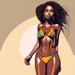 A high-quality digital art image showcasing a confident, young African-American woman sporting a stylish micro bikini