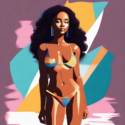 A high-quality digital art image showcasing a confident, young African-American woman sporting a stylish micro bikini