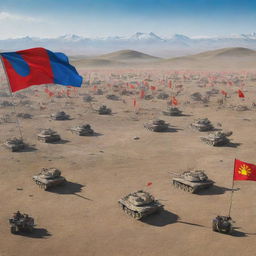 Futuristic scenario featuring Mongolia celebrating victory against China in a fictional World War 3, displaying flags, armaments, and futuristic technology