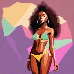 A high-quality digital art image showcasing a confident, young African-American woman sporting a stylish micro bikini