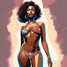 A high-quality digital art image showcasing a confident, young African-American woman sporting a stylish micro bikini