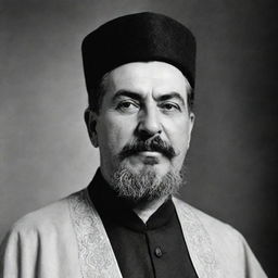 A high-quality black and white image of Joseph Stalin, depicted as an Imam with a prominent beard and traditional clerical attire.