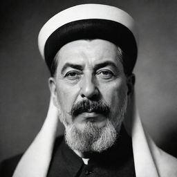 A high-quality black and white image of Joseph Stalin, depicted as an Imam with a prominent beard and traditional clerical attire.