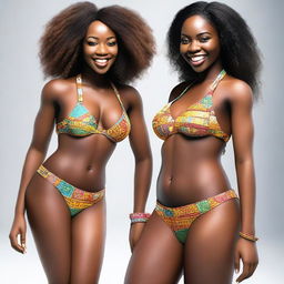 A hyper-realistic 3D render of two African-American women in stylish micro bikinis