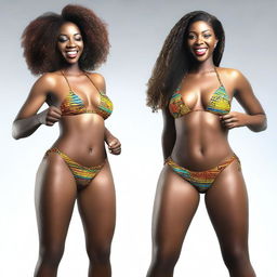 A hyper-realistic 3D render of two African-American women in stylish micro bikinis
