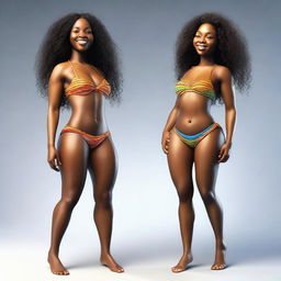 A hyper-realistic 3D render of two African-American women in stylish micro bikinis