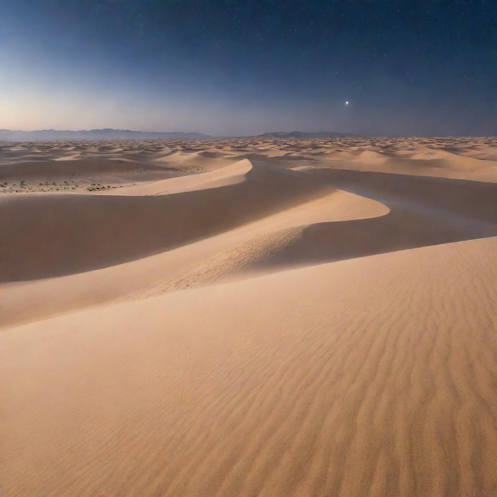 A breathtaking Arabian winter landscape, with pristine white dunes contrasting with the clear, starlit desert sky.