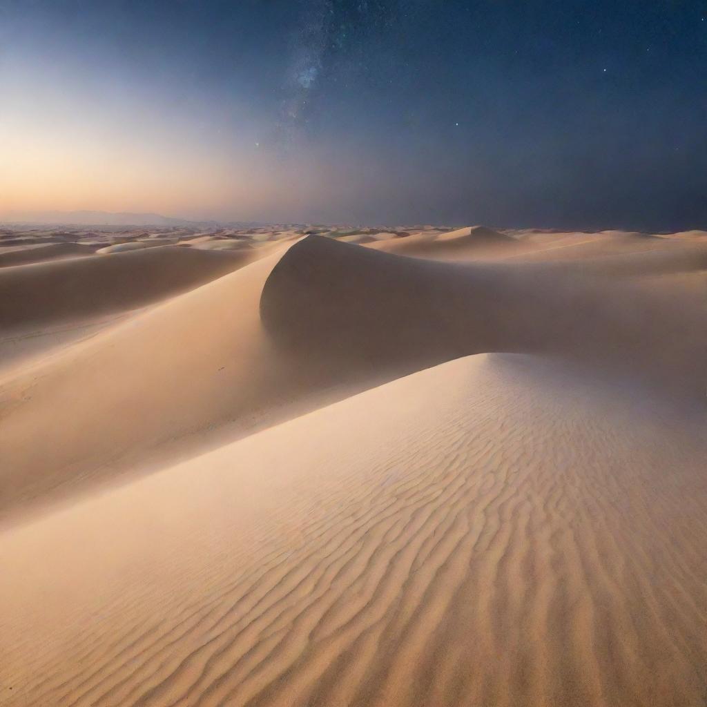 A breathtaking Arabian winter landscape, with pristine white dunes contrasting with the clear, starlit desert sky.