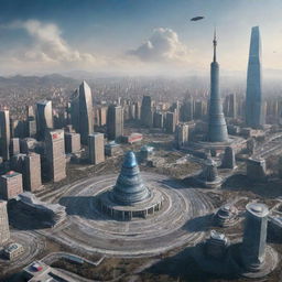 A futuristic scene in Beijing after Mongolia's victory over China in an imaginary World War 3, featuring city landmarks, Mongolian military presence, and futuristic technology