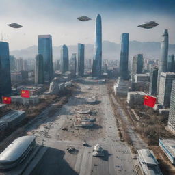 A futuristic scene in Beijing after Mongolia's victory over China in an imaginary World War 3, featuring city landmarks, Mongolian military presence, and futuristic technology