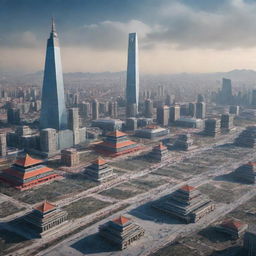 A futuristic scene in Beijing after Mongolia's victory over China in an imaginary World War 3, featuring city landmarks, Mongolian military presence, and futuristic technology