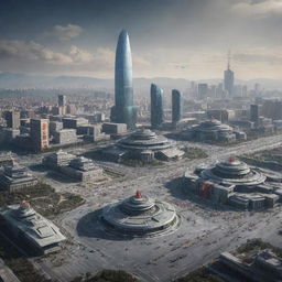 A futuristic scene in Beijing after Mongolia's victory over China in an imaginary World War 3, featuring city landmarks, Mongolian military presence, and futuristic technology