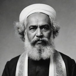 A high-quality, black and white image of Karl Marx portrayed as an esteemed Imam, complete with traditional Islamic clerical attire.