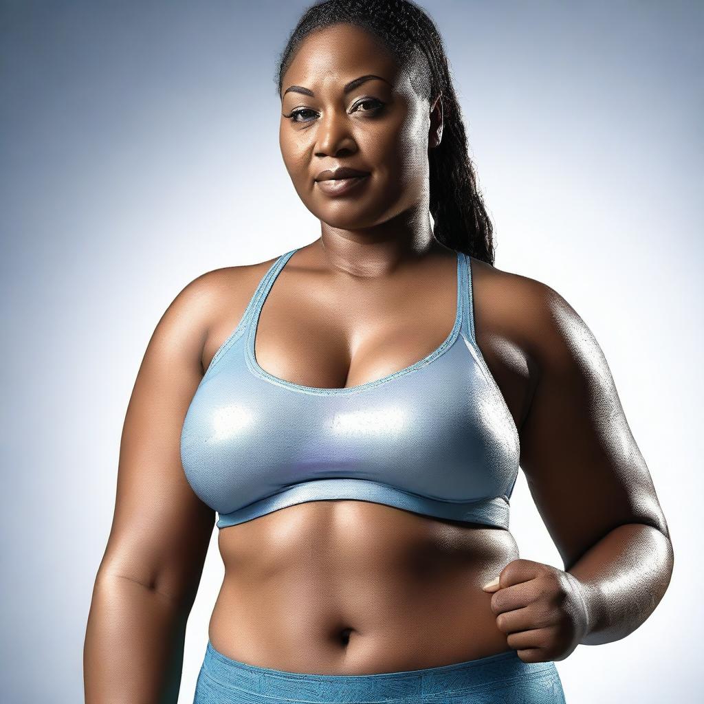 This image is a high-definition, hyper-realistic 3D render of a curvaceous African-American woman wearing a wet, see-through sports bra