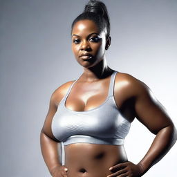 This image is a high-definition, hyper-realistic 3D render of a curvaceous African-American woman wearing a wet, see-through sports bra
