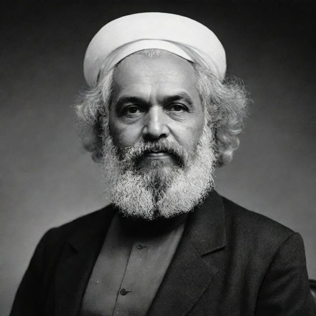 A high-quality, black and white image of Karl Marx portrayed as an esteemed Imam, complete with traditional Islamic clerical attire.