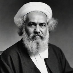 A high-quality, black and white image of Karl Marx portrayed as an esteemed Imam, complete with traditional Islamic clerical attire.