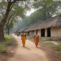 Kanha Ji, also known as Lord Krishna, located in an idyllic rural Indian village, surrounded by lush greenery, traditional mud huts, villagers, and pastoral scenes with cows.