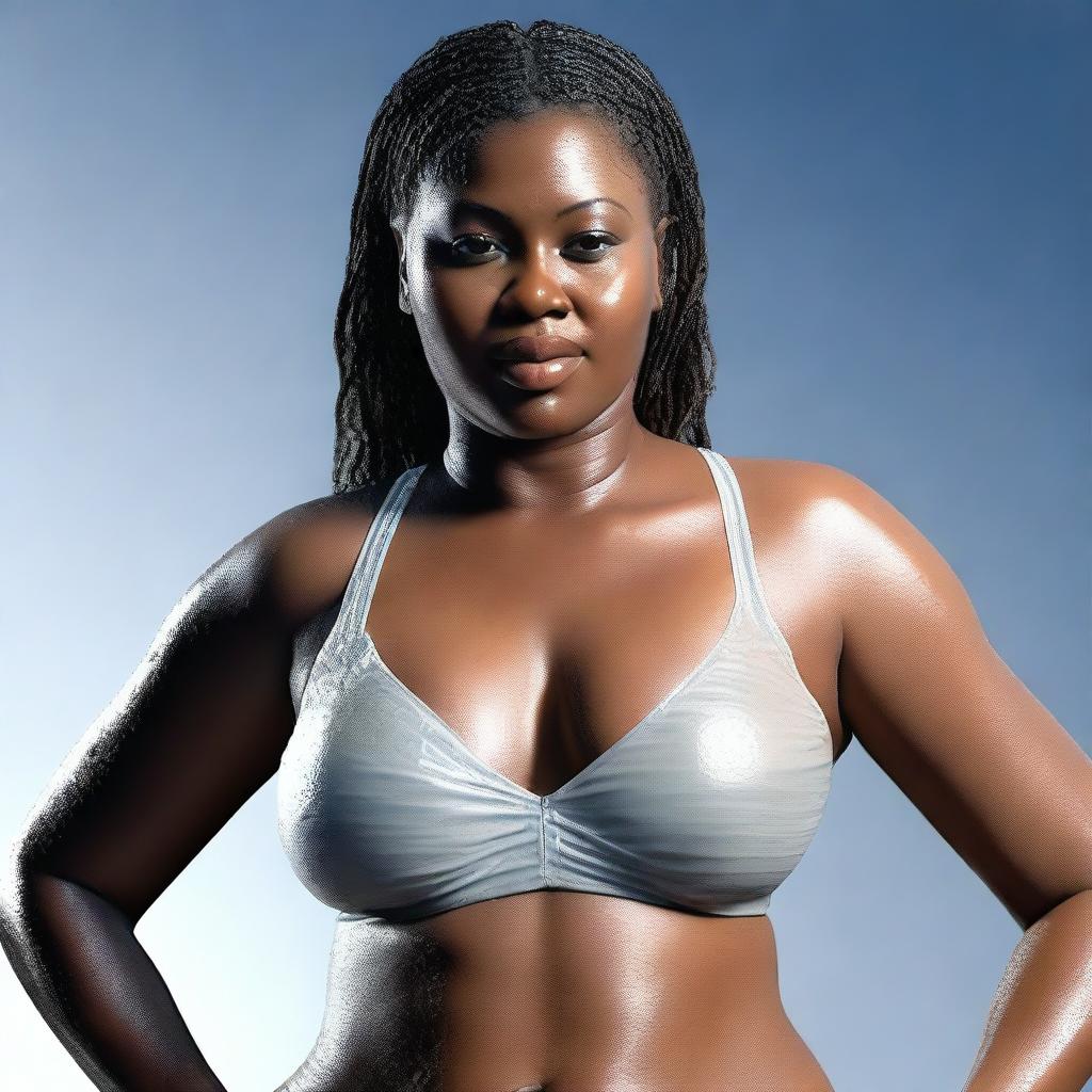 This is a high-definition, hyper-realistic 3D render of a voluptuous African-American woman in a wet, see-through sports bra