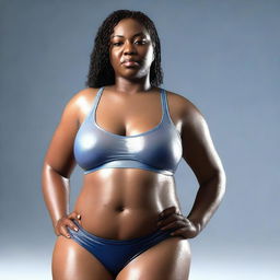 This is a high-definition, hyper-realistic 3D render of a voluptuous African-American woman in a wet, see-through sports bra