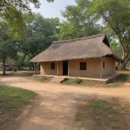 Kanha Ji, also known as Lord Krishna, located in an idyllic rural Indian village, surrounded by lush greenery, traditional mud huts, villagers, and pastoral scenes with cows.