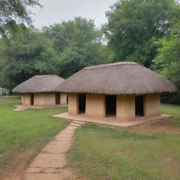 Kanha Ji, also known as Lord Krishna, located in an idyllic rural Indian village, surrounded by lush greenery, traditional mud huts, villagers, and pastoral scenes with cows.