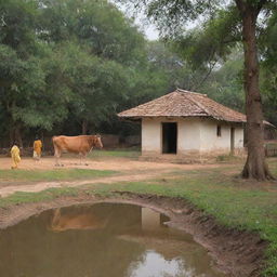 Kanha Ji, also known as Lord Krishna, located in an idyllic rural Indian village, surrounded by lush greenery, traditional mud huts, villagers, and pastoral scenes with cows.