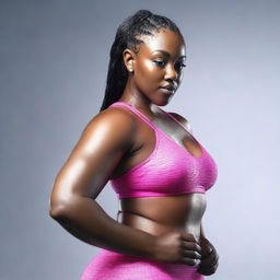 This high-definition, hyper-realistic 3D render showcases a voluptuous African-American woman adorned in a wet, see-through sports bra that tastefully accentuates her curvaceous bust