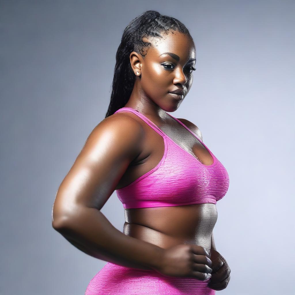 This high-definition, hyper-realistic 3D render showcases a voluptuous African-American woman adorned in a wet, see-through sports bra that tastefully accentuates her curvaceous bust