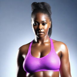 This high-definition, hyper-realistic 3D render showcases a voluptuous African-American woman adorned in a wet, see-through sports bra that tastefully accentuates her curvaceous bust