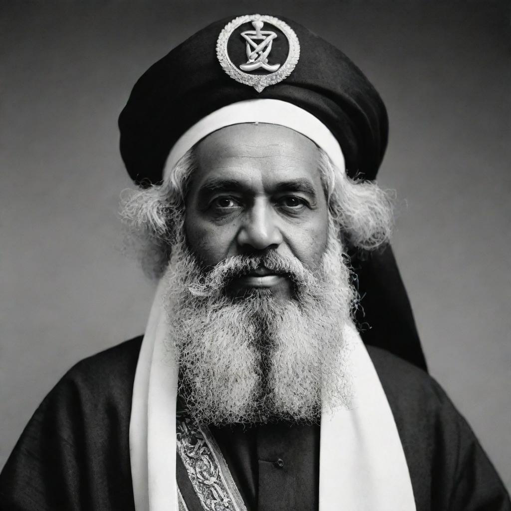 High-quality black and white depiction of Karl Marx as an Arabian Sheikh, clad in traditional garb and headdress.
