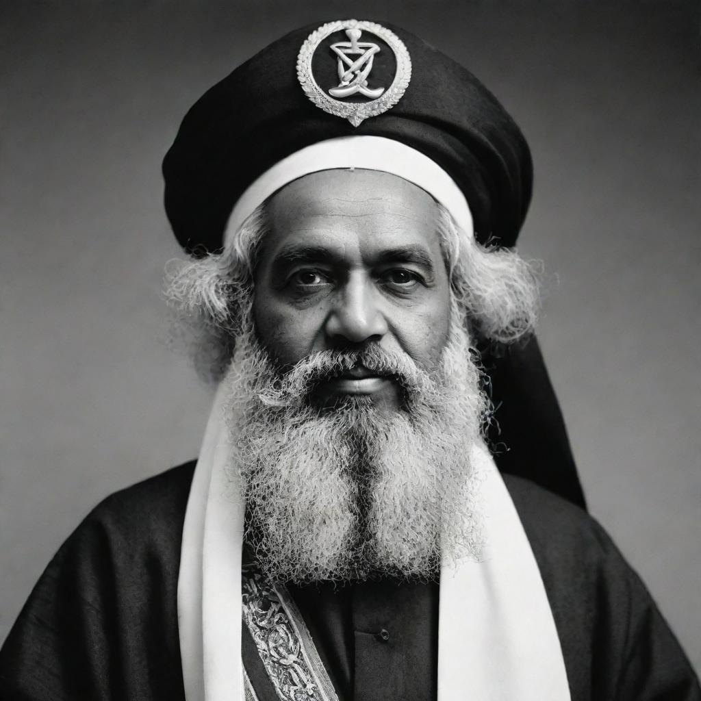 High-quality black and white depiction of Karl Marx as an Arabian Sheikh, clad in traditional garb and headdress.