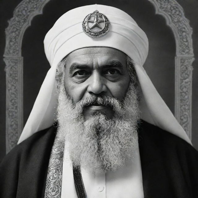 High-quality black and white depiction of Karl Marx as an Arabian Sheikh, clad in traditional garb and headdress.