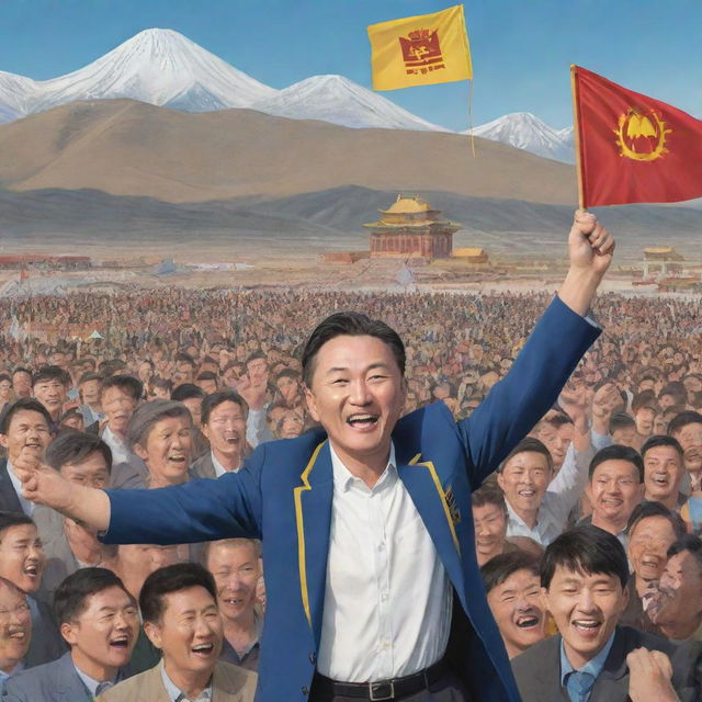 Illustration of a libertarian candidate celebrating victory in general elections with a crowd of supporters, in the backdrop of iconic Mongolian landscape and architecture