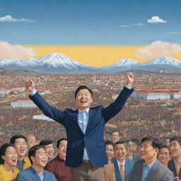 Illustration of a libertarian candidate celebrating victory in general elections with a crowd of supporters, in the backdrop of iconic Mongolian landscape and architecture