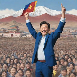 Illustration of a libertarian candidate celebrating victory in general elections with a crowd of supporters, in the backdrop of iconic Mongolian landscape and architecture