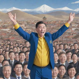 Illustration of a libertarian candidate celebrating victory in general elections with a crowd of supporters, in the backdrop of iconic Mongolian landscape and architecture