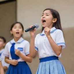 A charming girl in a blue and white school uniform is enthusiastically singing on stage during a school program, while a boy from the audience watches intently, immersed in her performance.