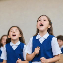 A charming girl in a blue and white school uniform is enthusiastically singing on stage during a school program, while a boy from the audience watches intently, immersed in her performance.