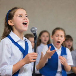 A charming girl in a blue and white school uniform is enthusiastically singing on stage during a school program, while a boy from the audience watches intently, immersed in her performance.