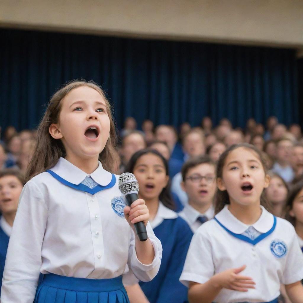 A charming girl in a blue and white school uniform is enthusiastically singing on stage during a school program, while a boy from the audience watches intently, immersed in her performance.