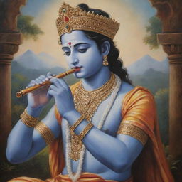 A serene and detailed painting of Lord Krishna in traditional attire, playing the flute against a beautiful and divine backdrop.