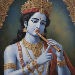 A serene and detailed painting of Lord Krishna in traditional attire, playing the flute against a beautiful and divine backdrop.