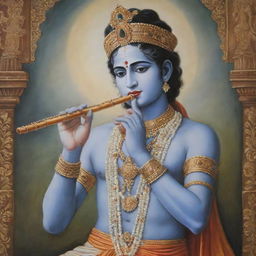 A serene and detailed painting of Lord Krishna in traditional attire, playing the flute against a beautiful and divine backdrop.