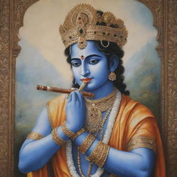 A serene and detailed painting of Lord Krishna in traditional attire, playing the flute against a beautiful and divine backdrop.