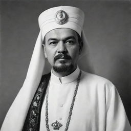 A high-quality, black and white image of Vladimir Lenin portrayed as an Arabian Sheikh, adorned in traditional attire.