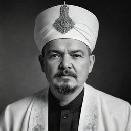 A high-quality, black and white image of Vladimir Lenin portrayed as an Arabian Sheikh, adorned in traditional attire.