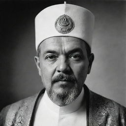 A high-quality, black and white image of Vladimir Lenin portrayed as an Arabian Sheikh, adorned in traditional attire.